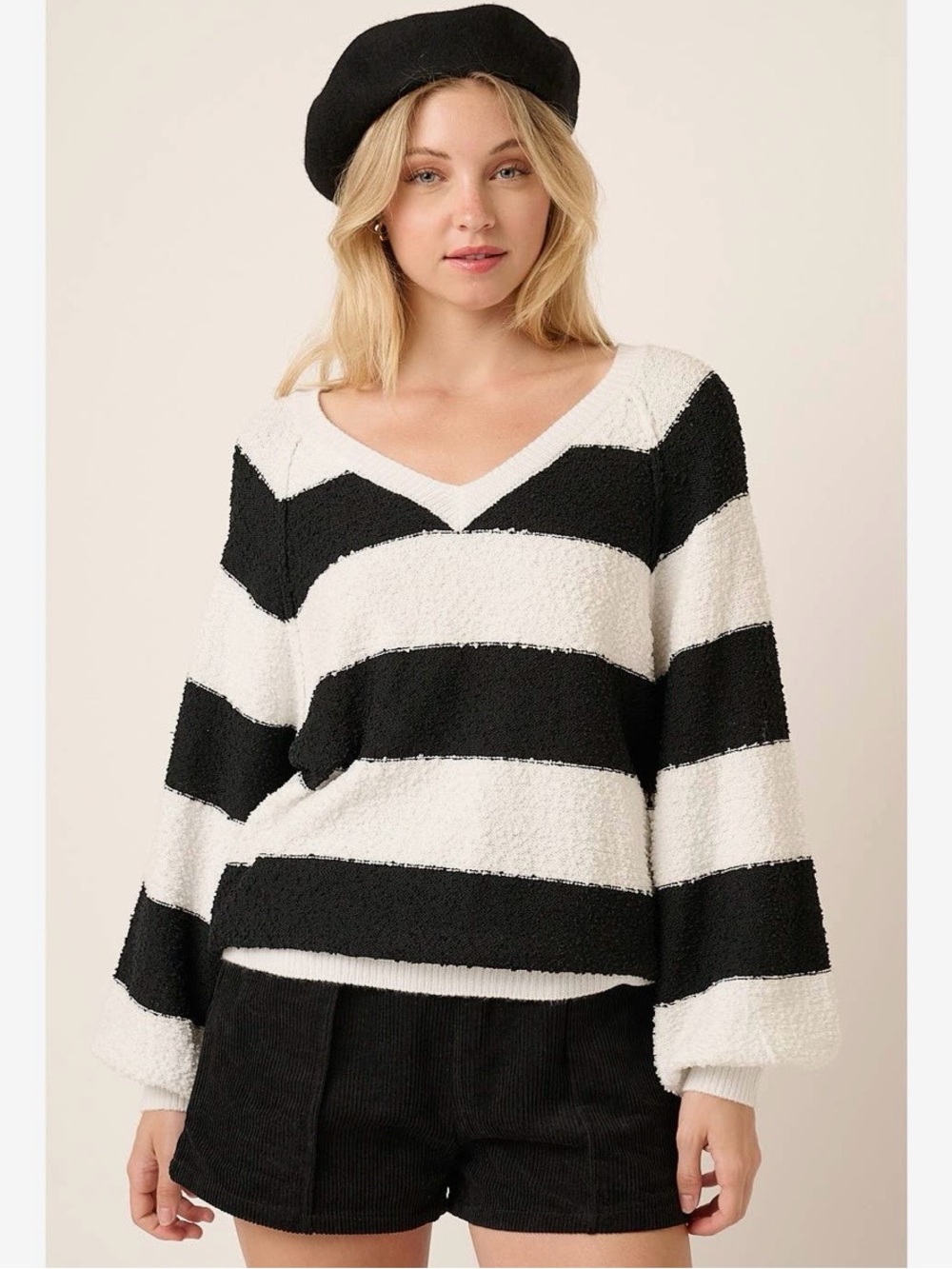 01. Black & White Striped V-Neck Sweater